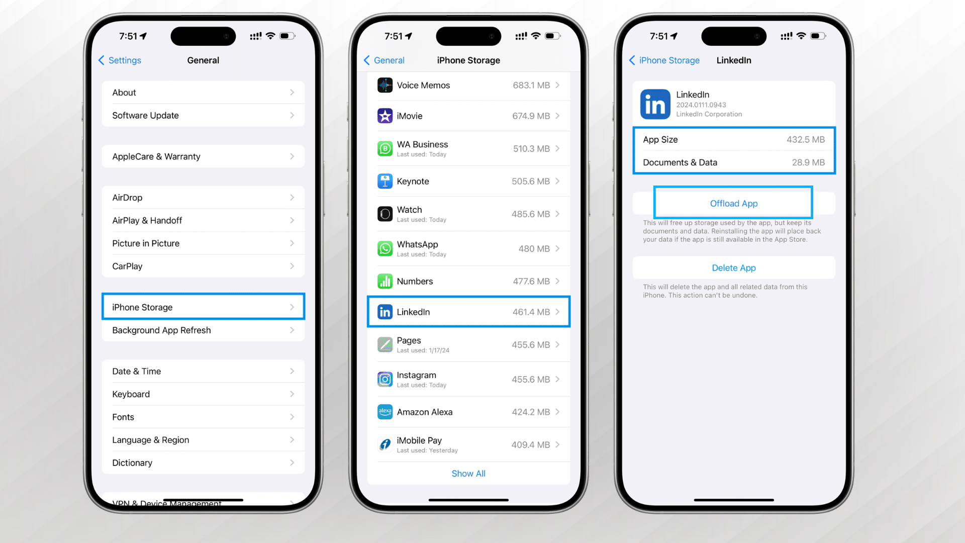 iPhone storage settings showing offload app option used to clear cache without deleting user data