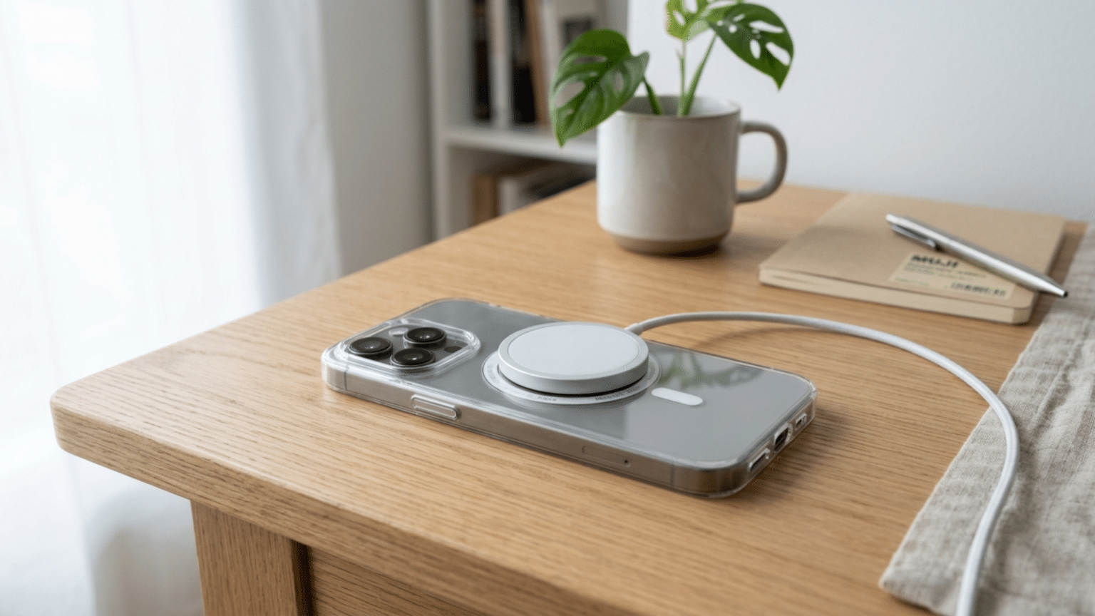 iPhone with MagSafe case showing magnetic ring attached to wireless charger on clean desk setup