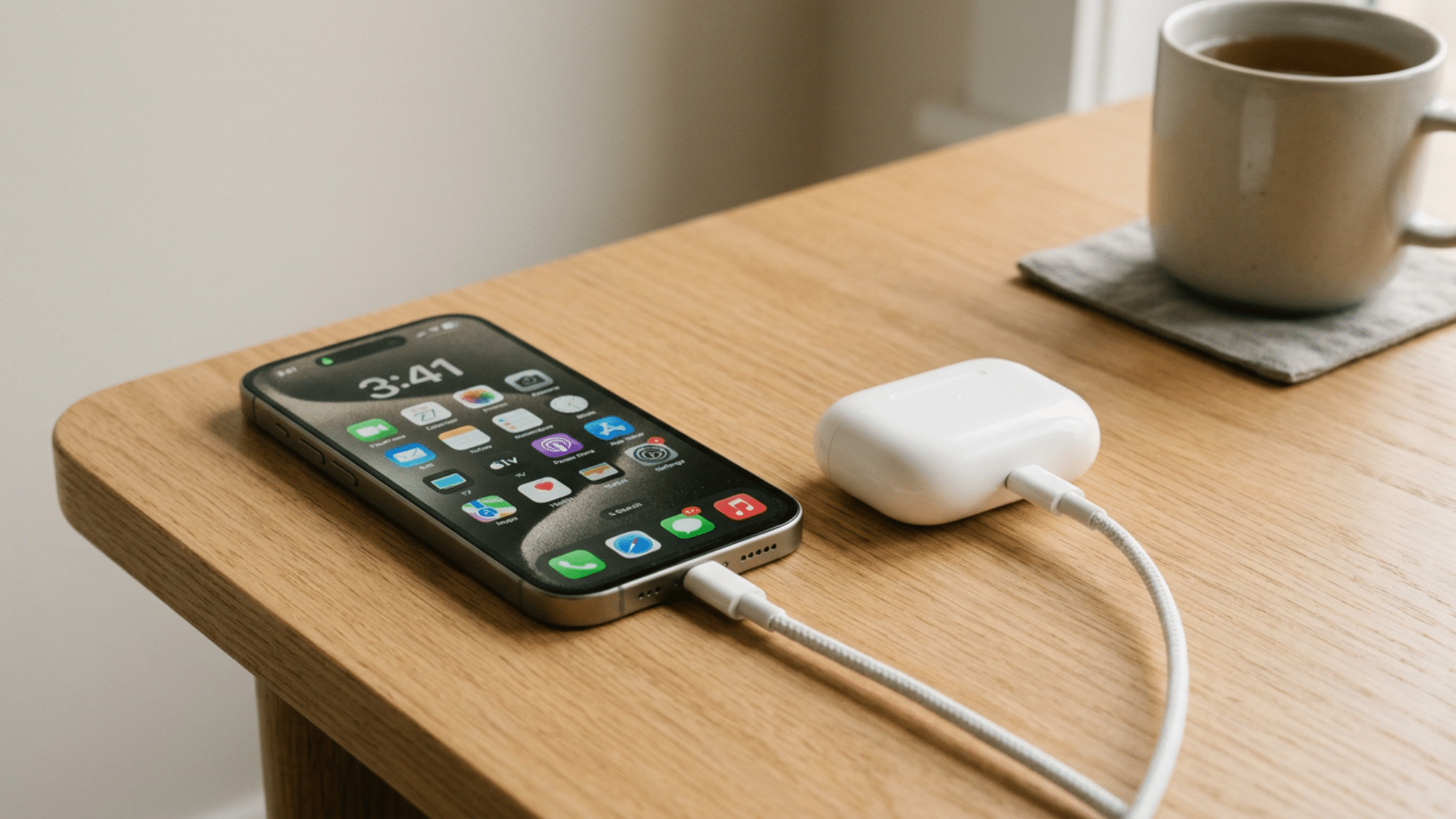 iPhone connected to AirPods case with cable showing power sharing to small accessories