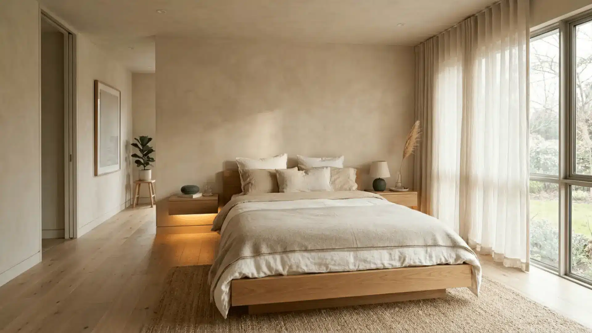 minimal bedroom with warm amber shelf lighting, linen bedding, and smart speaker on nightstand