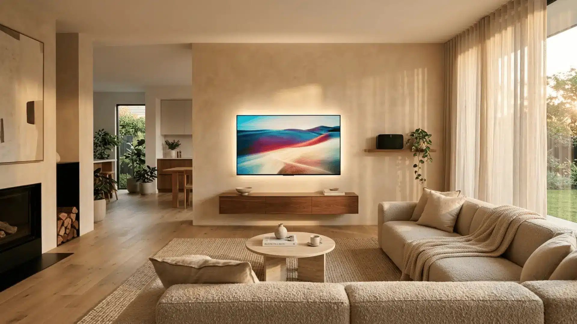 modern living room with wall-mounted tv, warm led bias lighting, walnut console, and boucle sofa