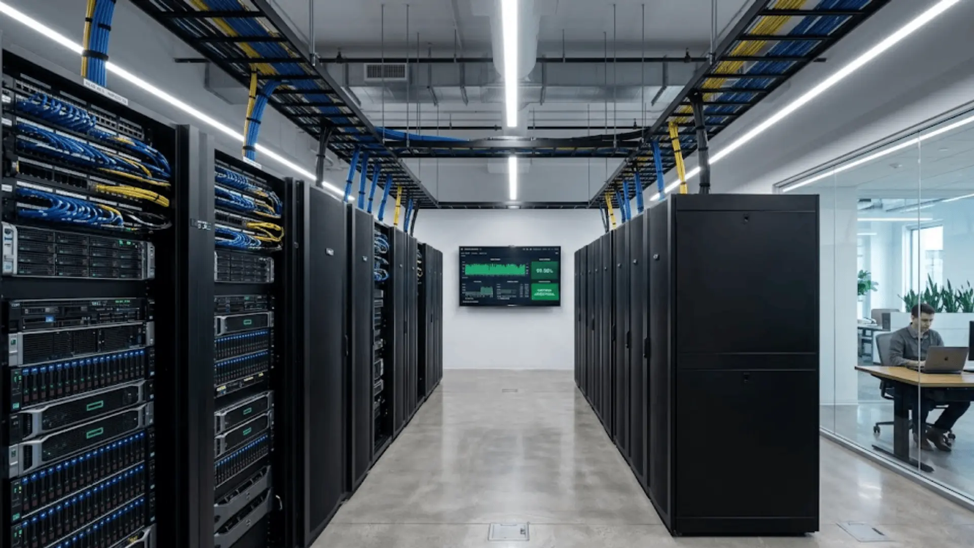 modern server room with glowing rack-mounted servers, overhead cable management, and uptime dashboard monitor