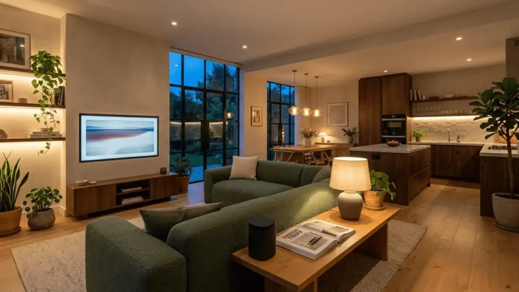 open-plan living space with layered ambient lighting, sage boucle sofa, and smart home devices at dusk