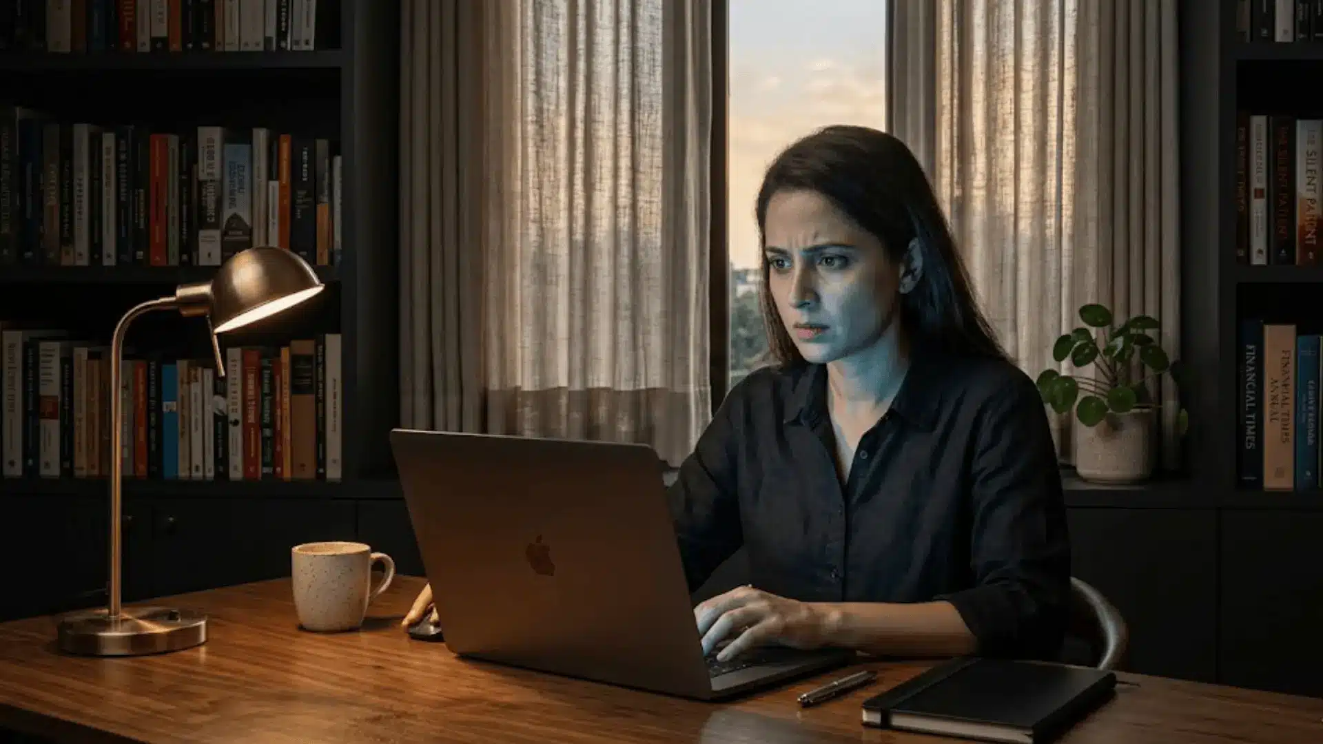 person at dark walnut desk staring at laptop with concerned expression in a dimly lit home office with bookshelves and warm lamp light