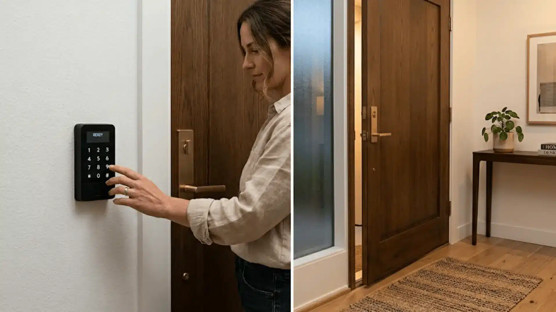 person entering pin on a matte black keypad access control reader beside a wood front door in a modern home entryway