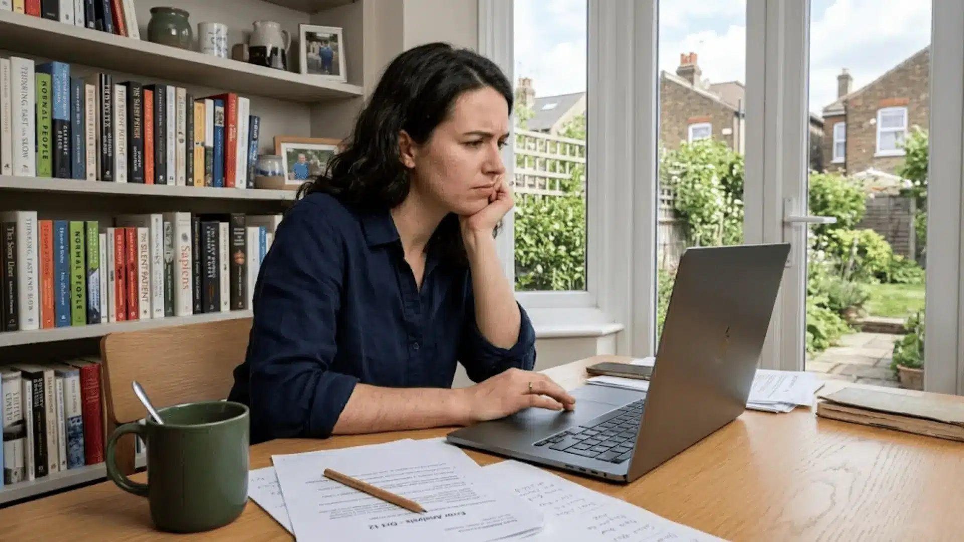 person leaning toward laptop with puzzled expression at a lived-in oak desk in a naturally lit home office