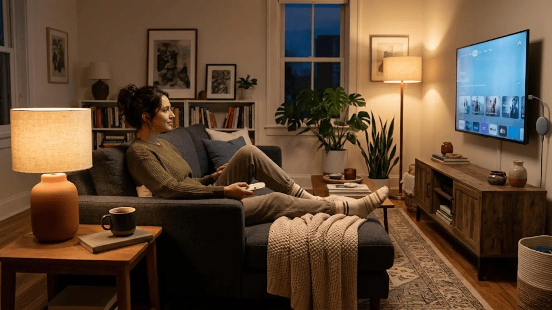 person on couch pointing chromecast remote toward tv with dongle plugged in warm living room