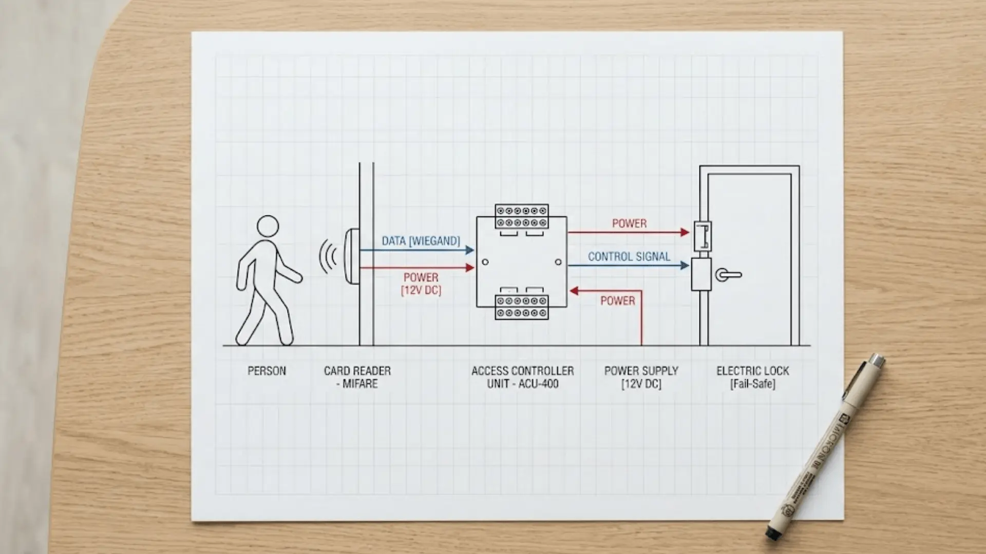 printed access control flow diagram showing user reader controller and lock connections on a desk