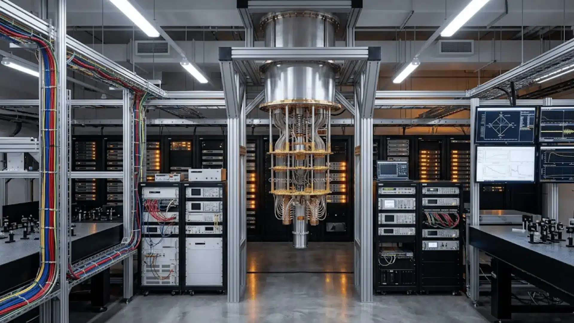 quantum computing research lab with a silver cryogenic refrigerator unit, control racks, and coaxial cable arrays