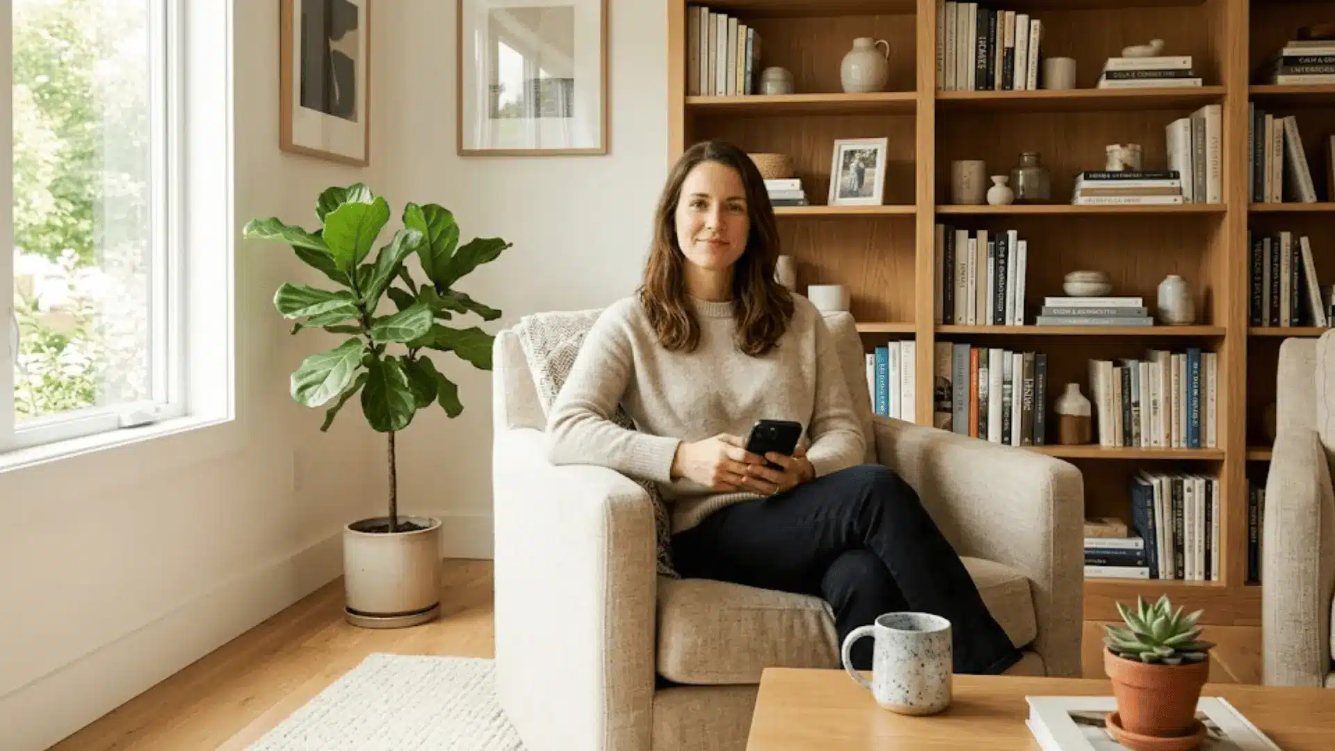 relaxed person in a linen armchair holding a smartphone in a bright airy living room with morning light and indoor plants