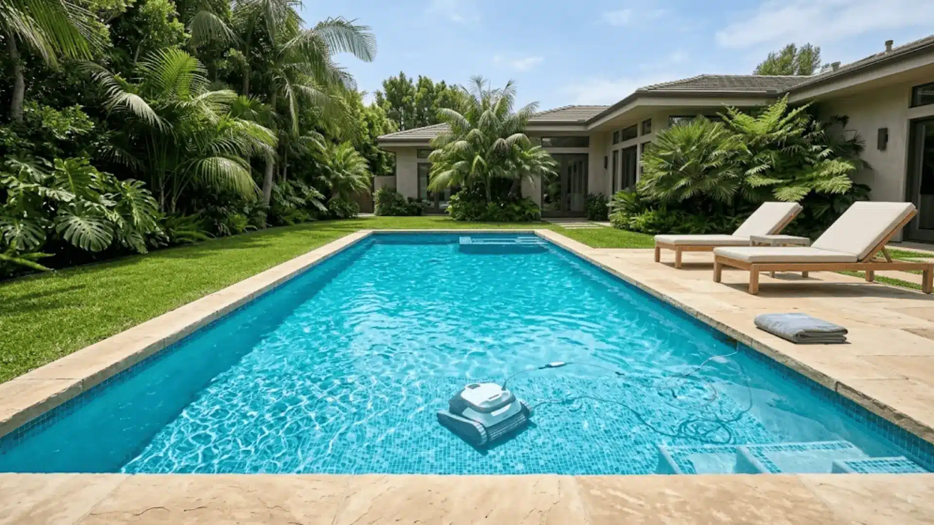 robotic pool cleaner submerged in clear turquoise in-ground pool surrounded by stone pavers and tropical greenery