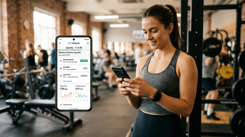 Smartphone showing fitness app interface with workout tracking features in a modern gym setting