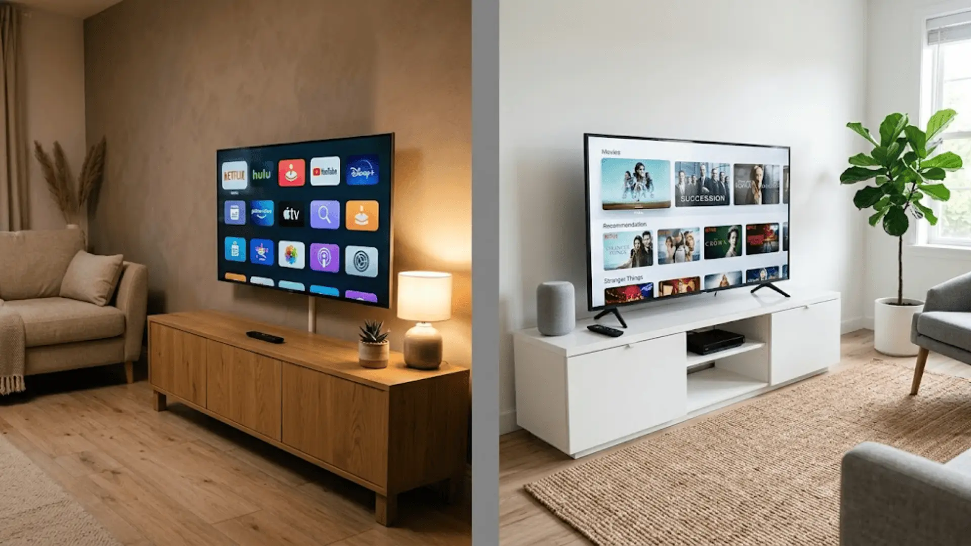 split image of two living rooms each with a smart tv showing roku and google tv home screens