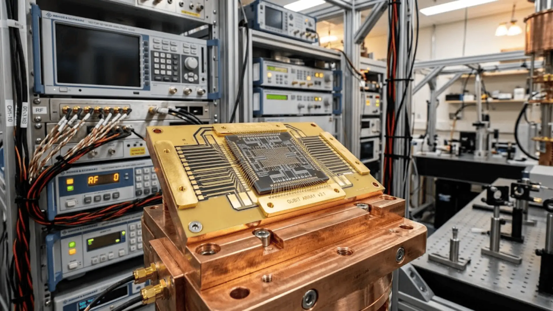 superconducting quantum computing chip on cryogenic stage inside a research laboratory