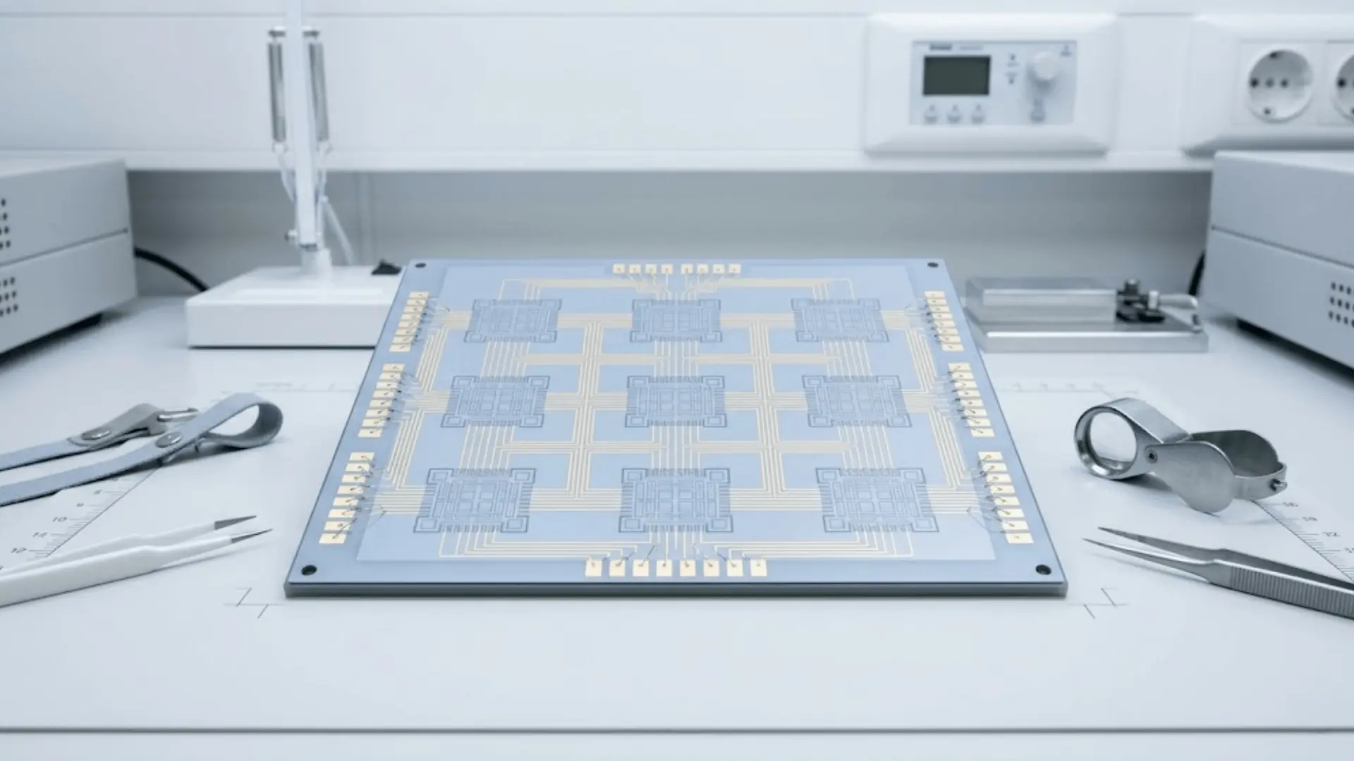superconducting qubit lattice on a silicon wafer photographed inside a cleanroom laboratory