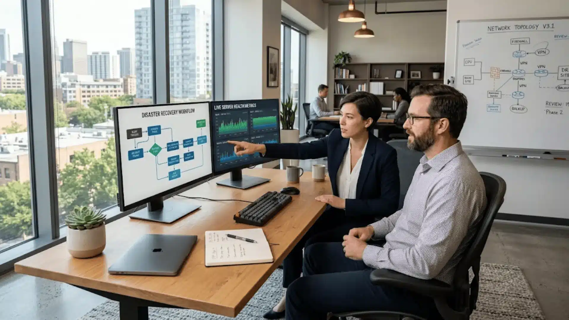 two IT professionals at a desk reviewing disaster recovery workflow on dual monitors in a bright modern office