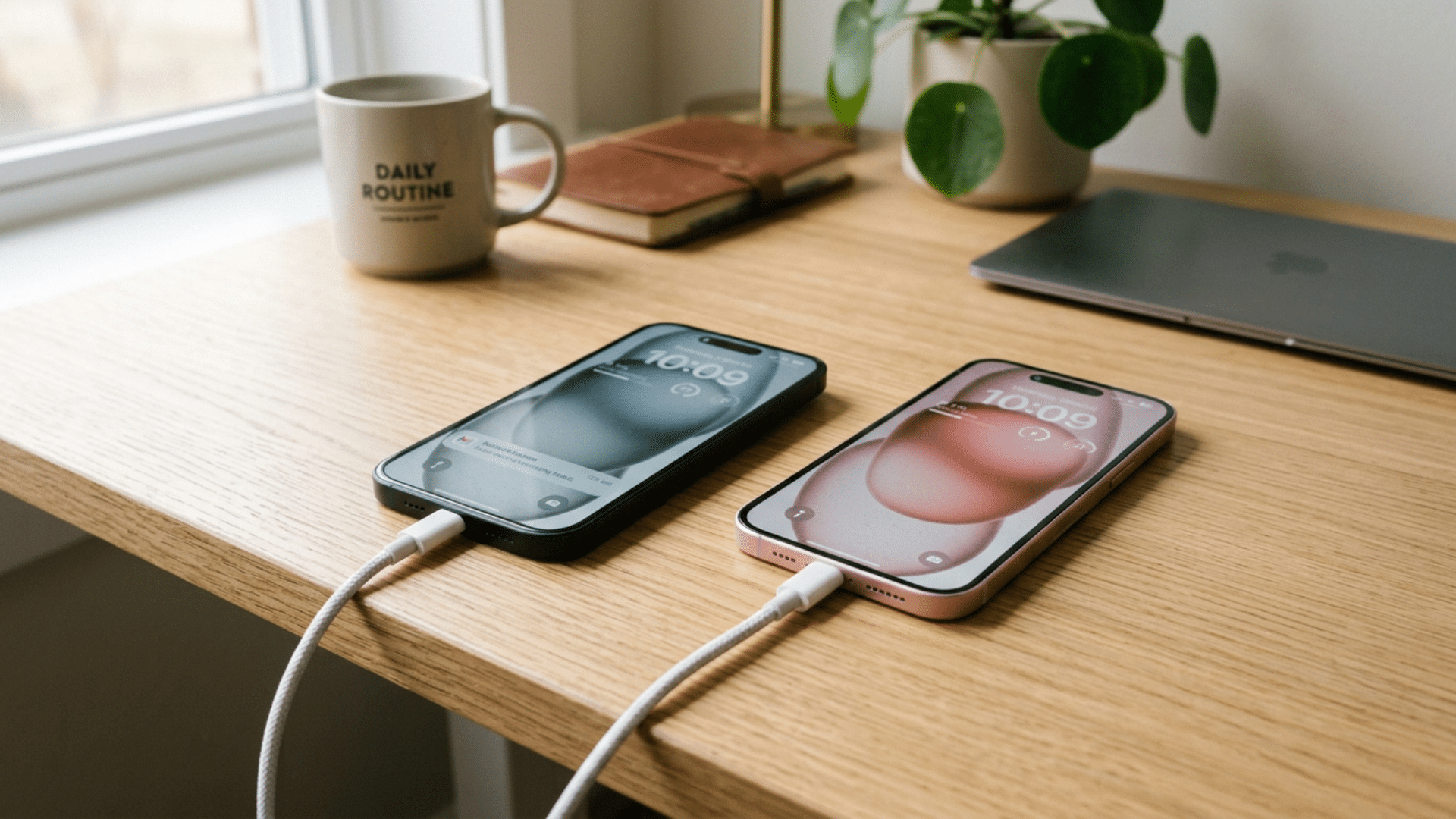 Two iPhones connected with a USB-C cable showing battery sharing on a clean desk setup