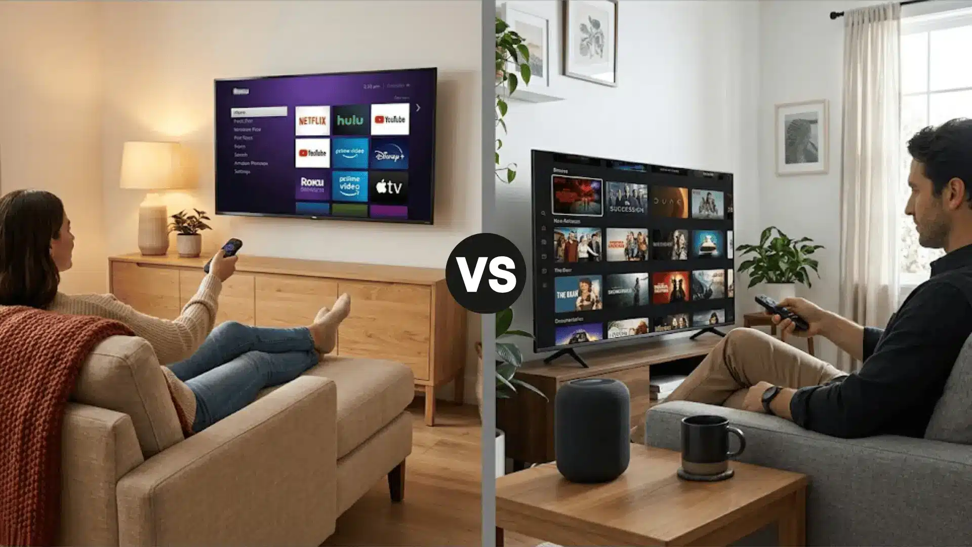 two people in separate living rooms browsing smart tv interfaces, one roku and one google tv