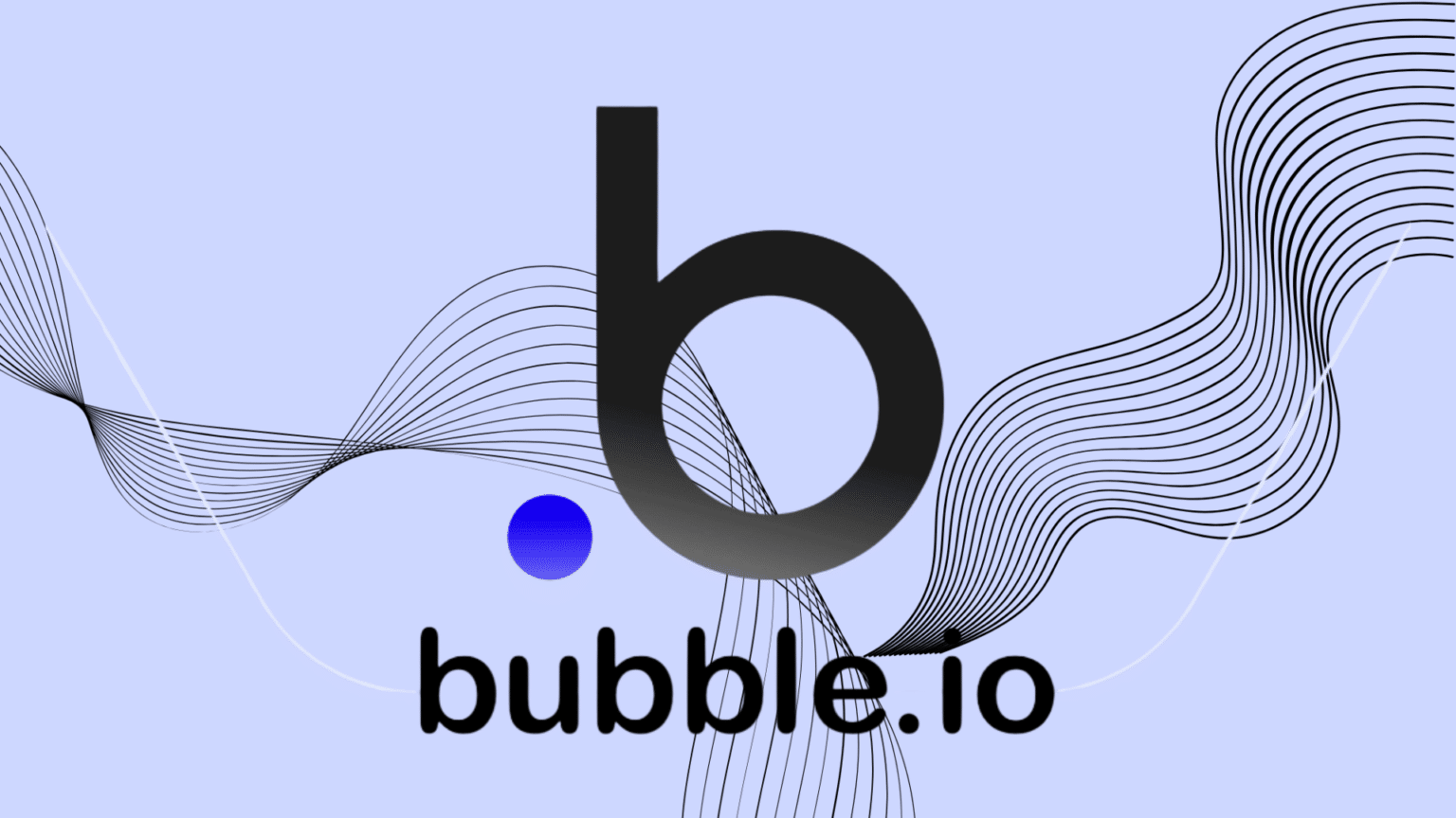 Bubble.io logo with bold black letter “b” and text on light purple background with abstract black waveform lines