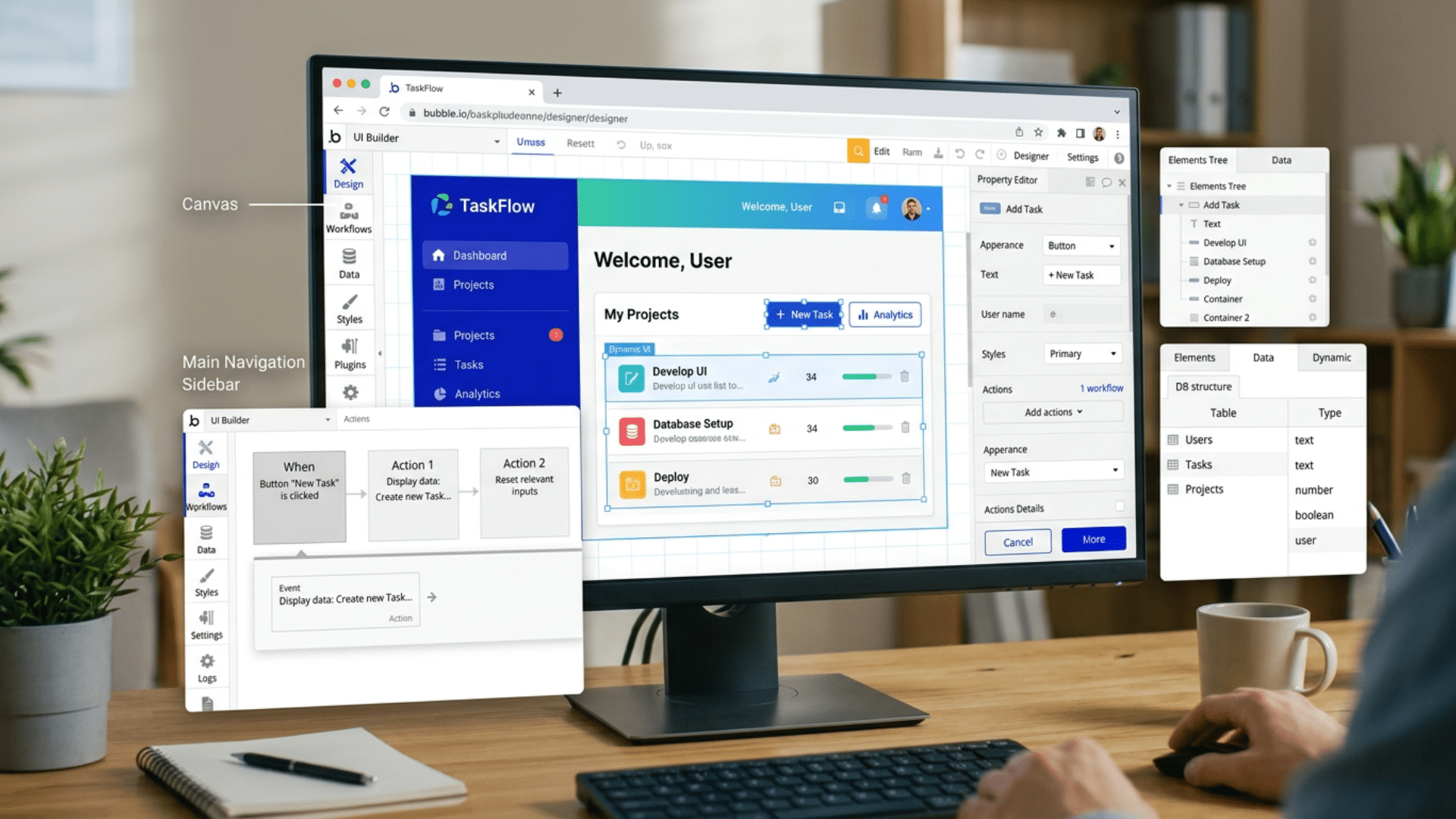 Bubble.io style dashboard showing workflows, plugins, and responsive no-code development tools