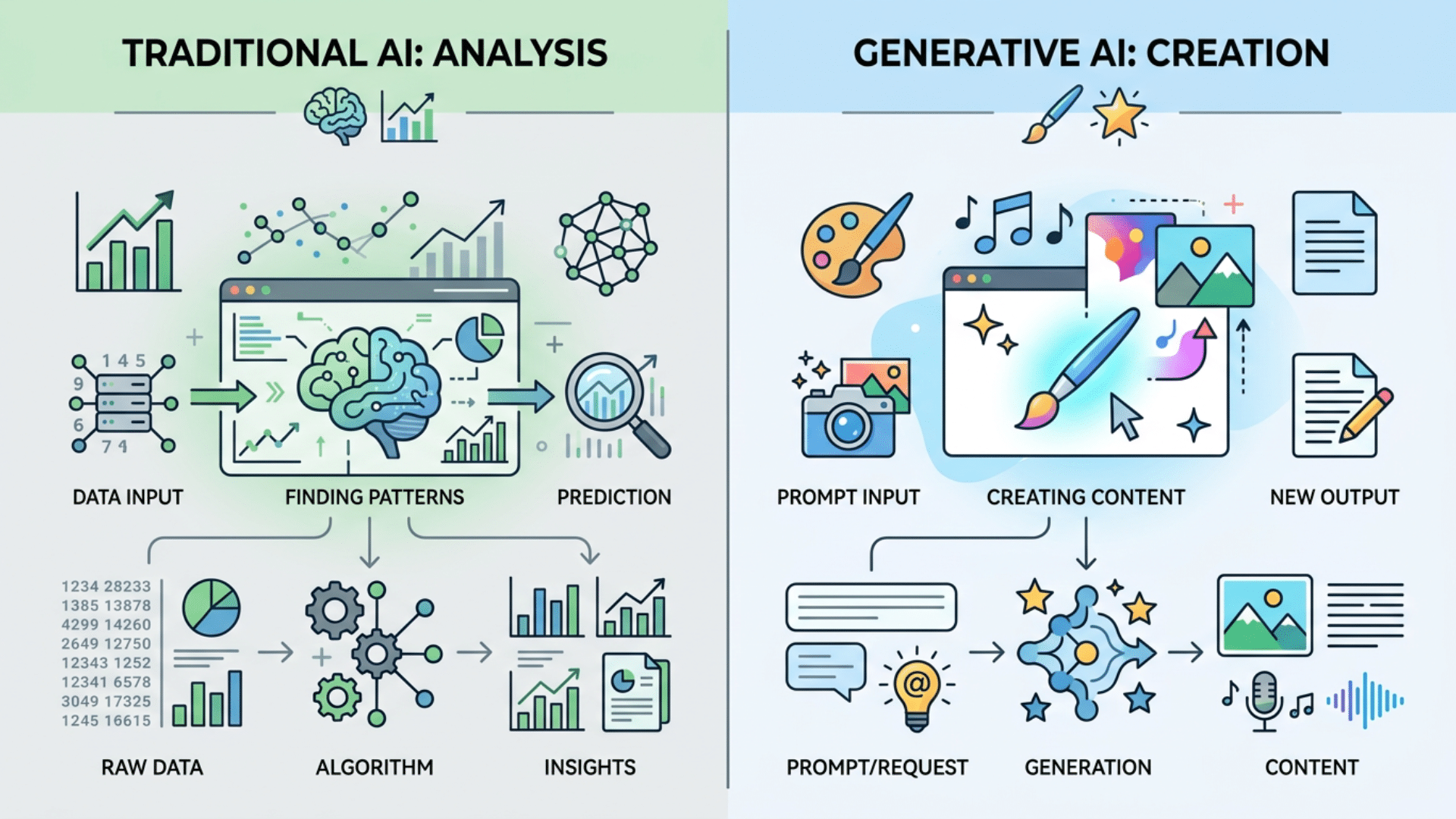 Clean comparison graphic between traditional AI analysis and generative AI content creation capabilities