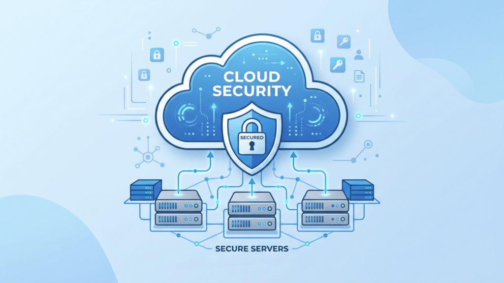 Cloud native security illustration showing protected cloud systems and secure connected digital infrastructure