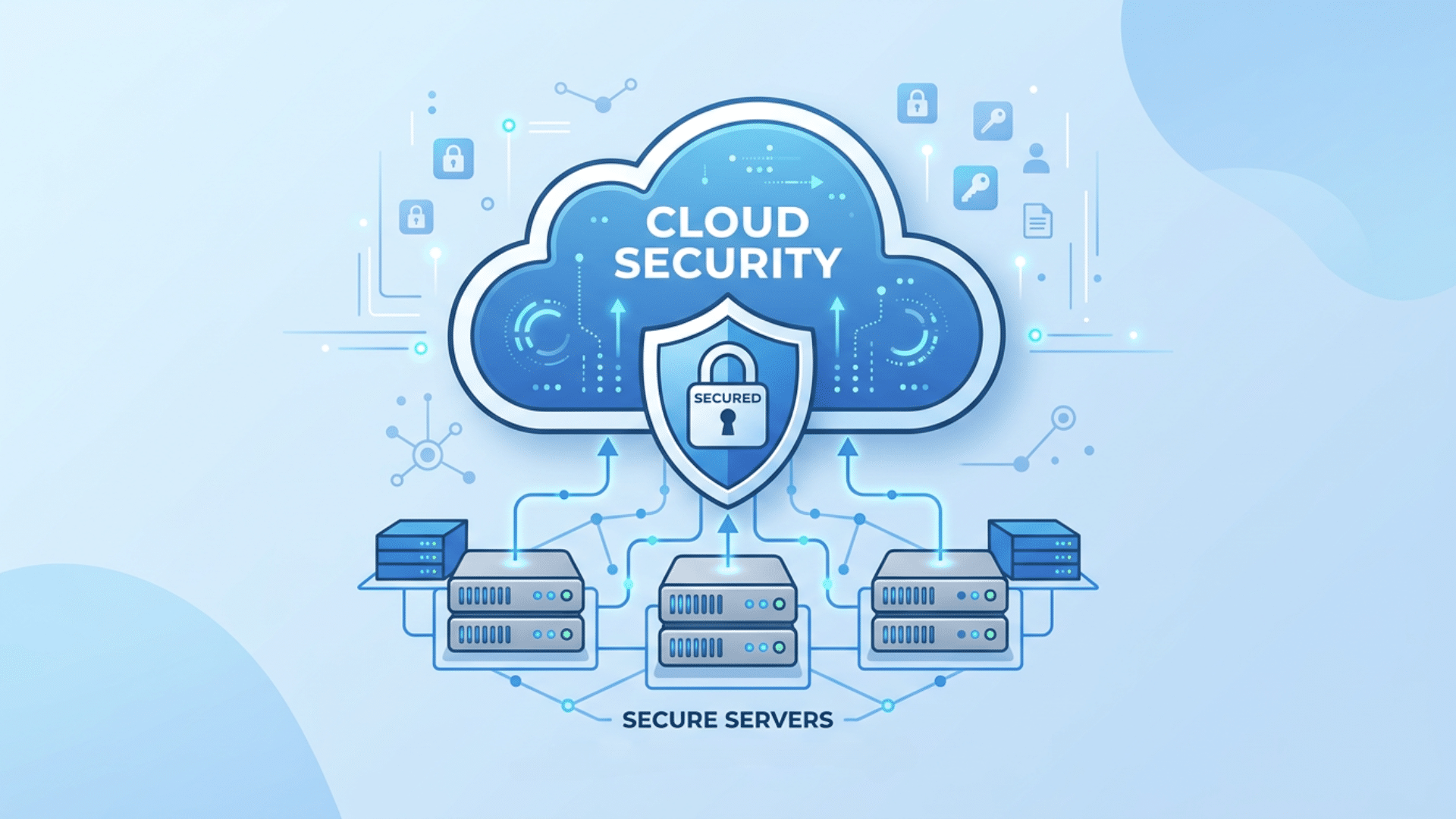Cloud native security illustration showing protected cloud systems and secure connected digital infrastructure