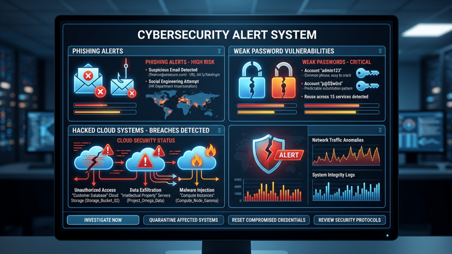 Common SaaS security risks including phishing attacks, weak passwords, and cloud data breaches