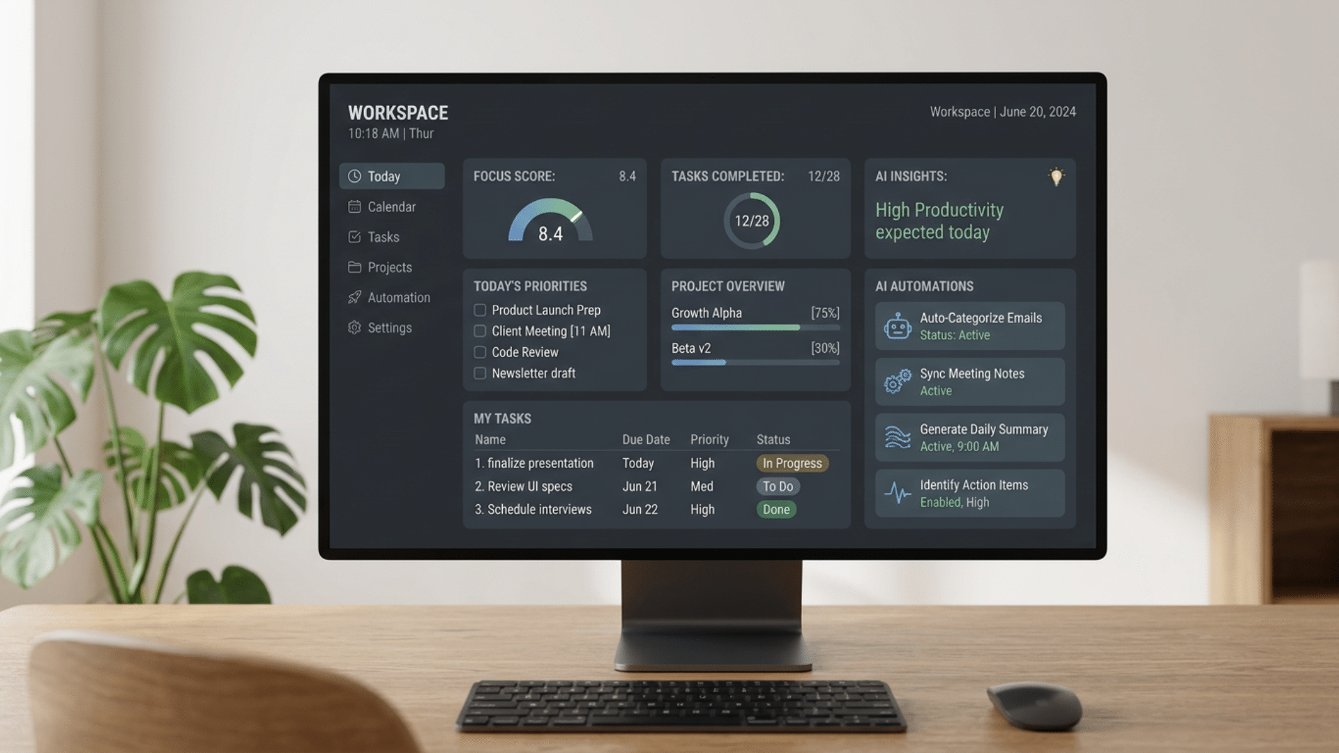Minimal productivity dashboard showing AI automation tools for workflow management and digital task organization