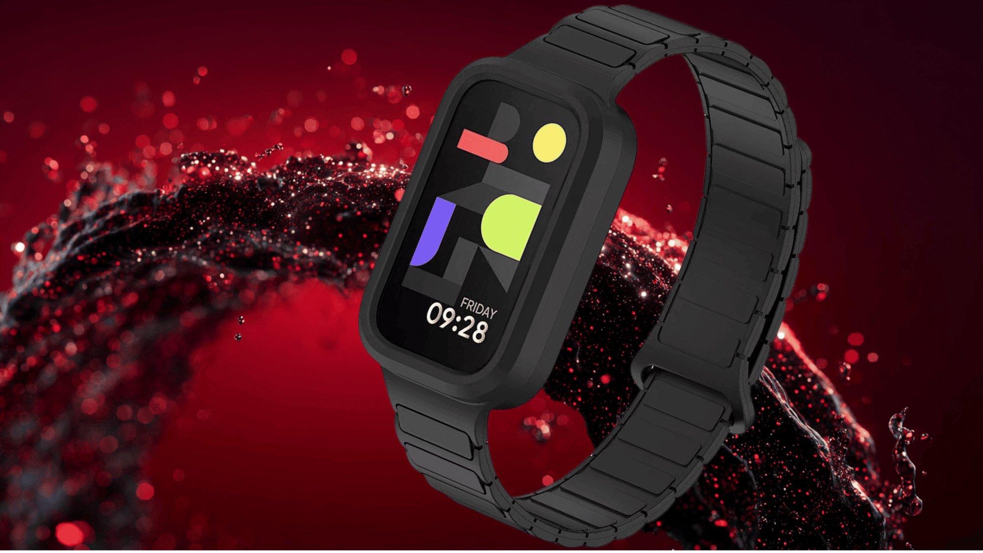 A black Xiaomi Smart Band 9 with a metal link strap displays a colorful watch face