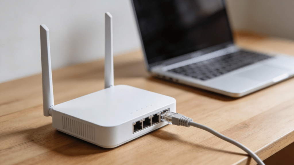 A modern white router on a clean wooden desk with a blurred laptop.