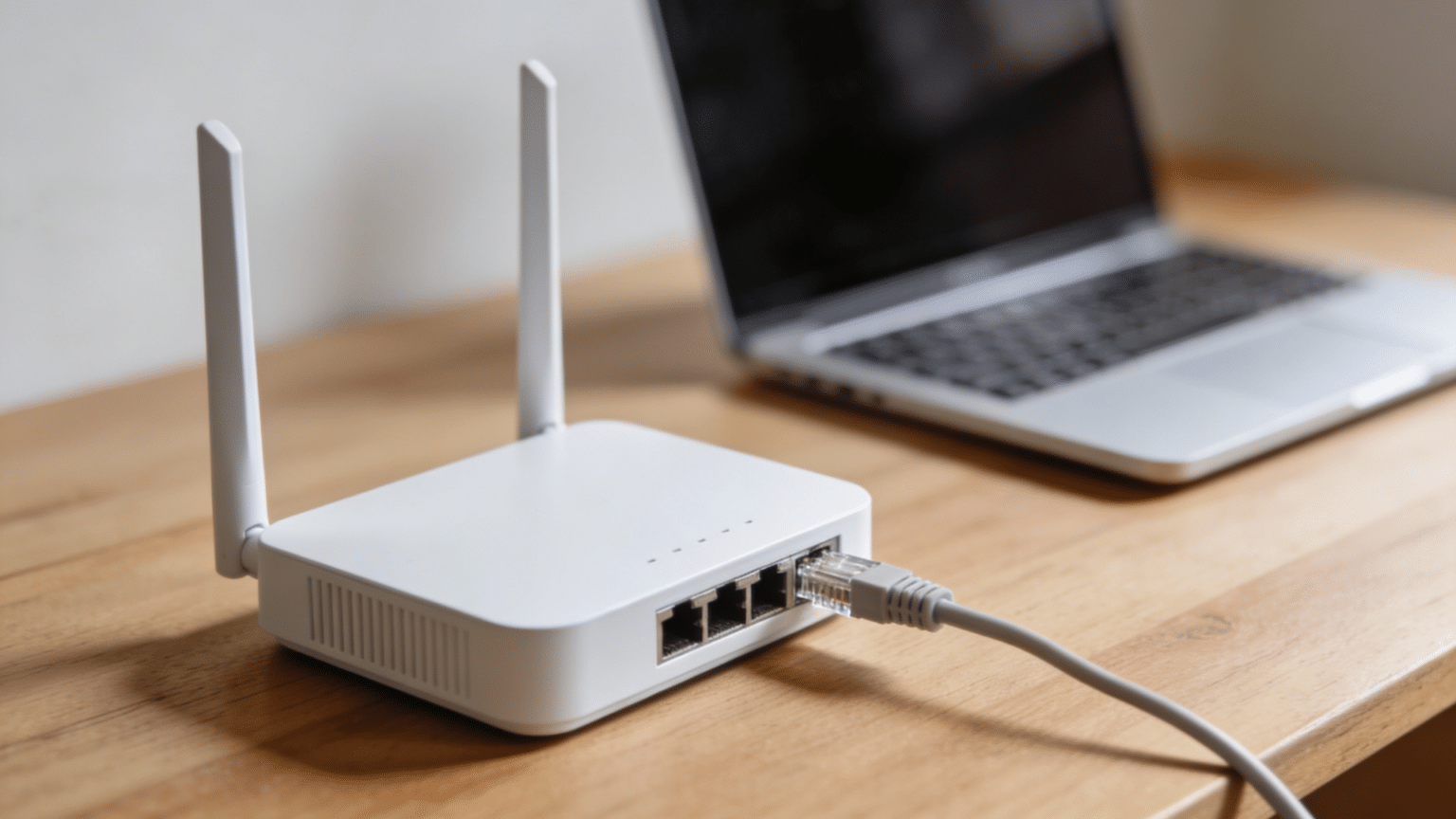A modern white router on a clean wooden desk with a blurred laptop.