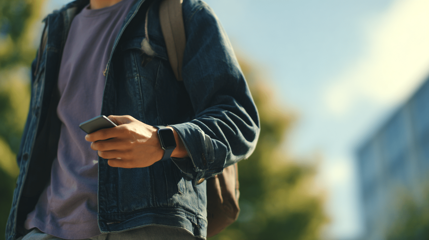 A person wearing a smartwatch on one wrist holds a phone in their other hand while standing outdoors in a denim jacket.