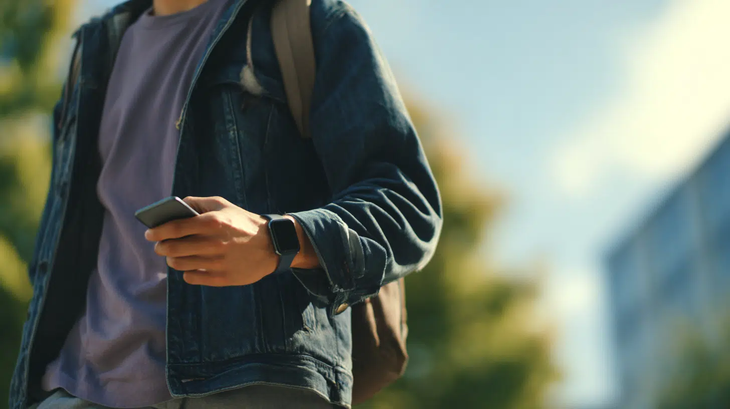 A person wearing a smartwatch on one wrist holds a phone in their other hand while standing outdoors in a denim jacket.