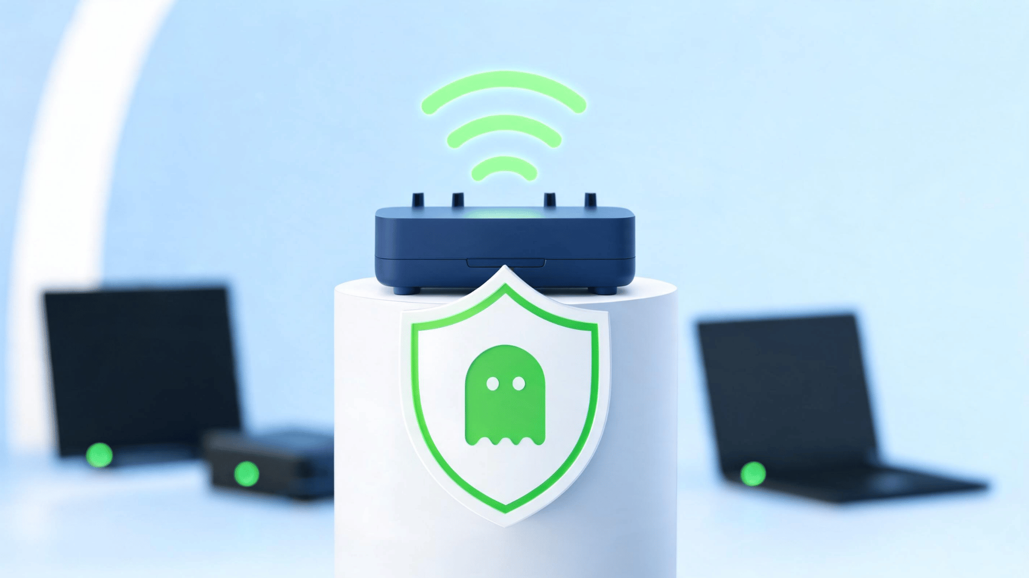 A secure Wi-Fi router with shield icon protecting wireless network.