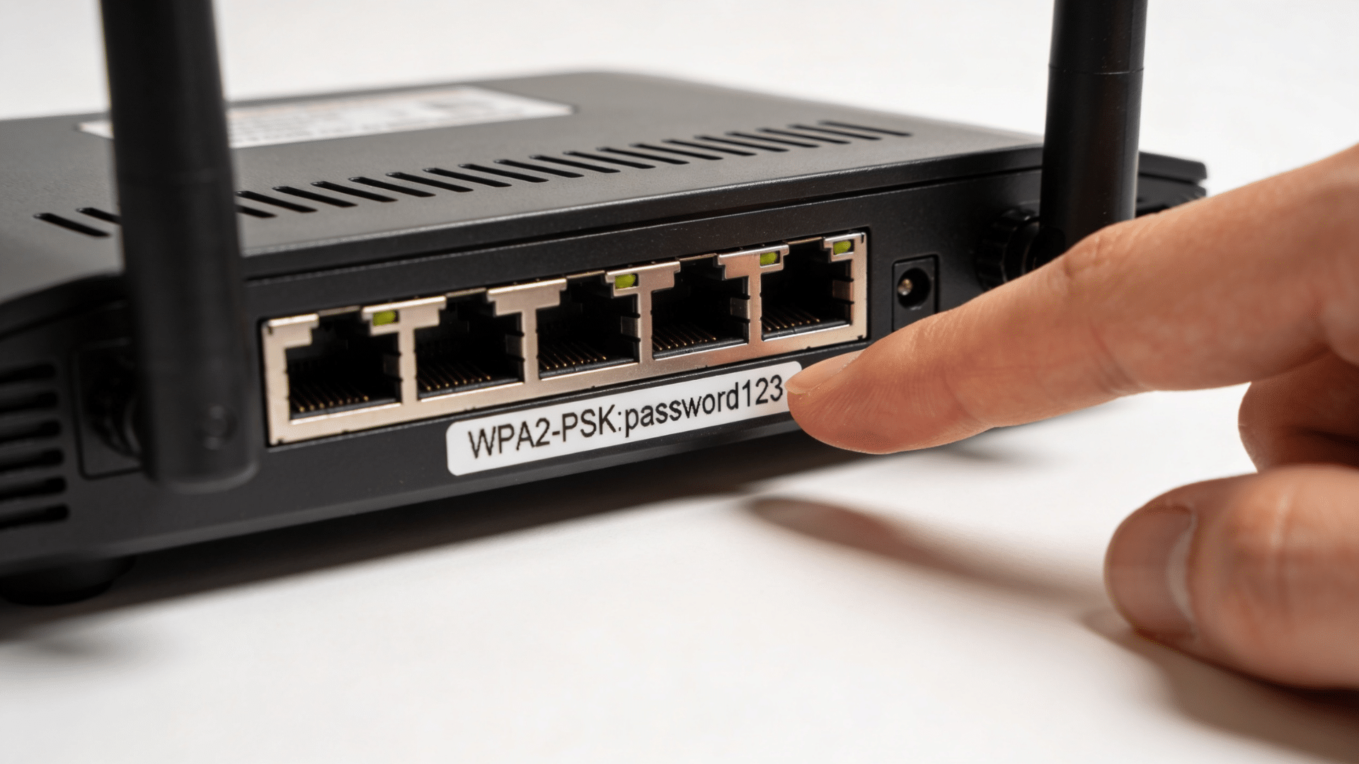 A hand pointing at a network security key label on a router..