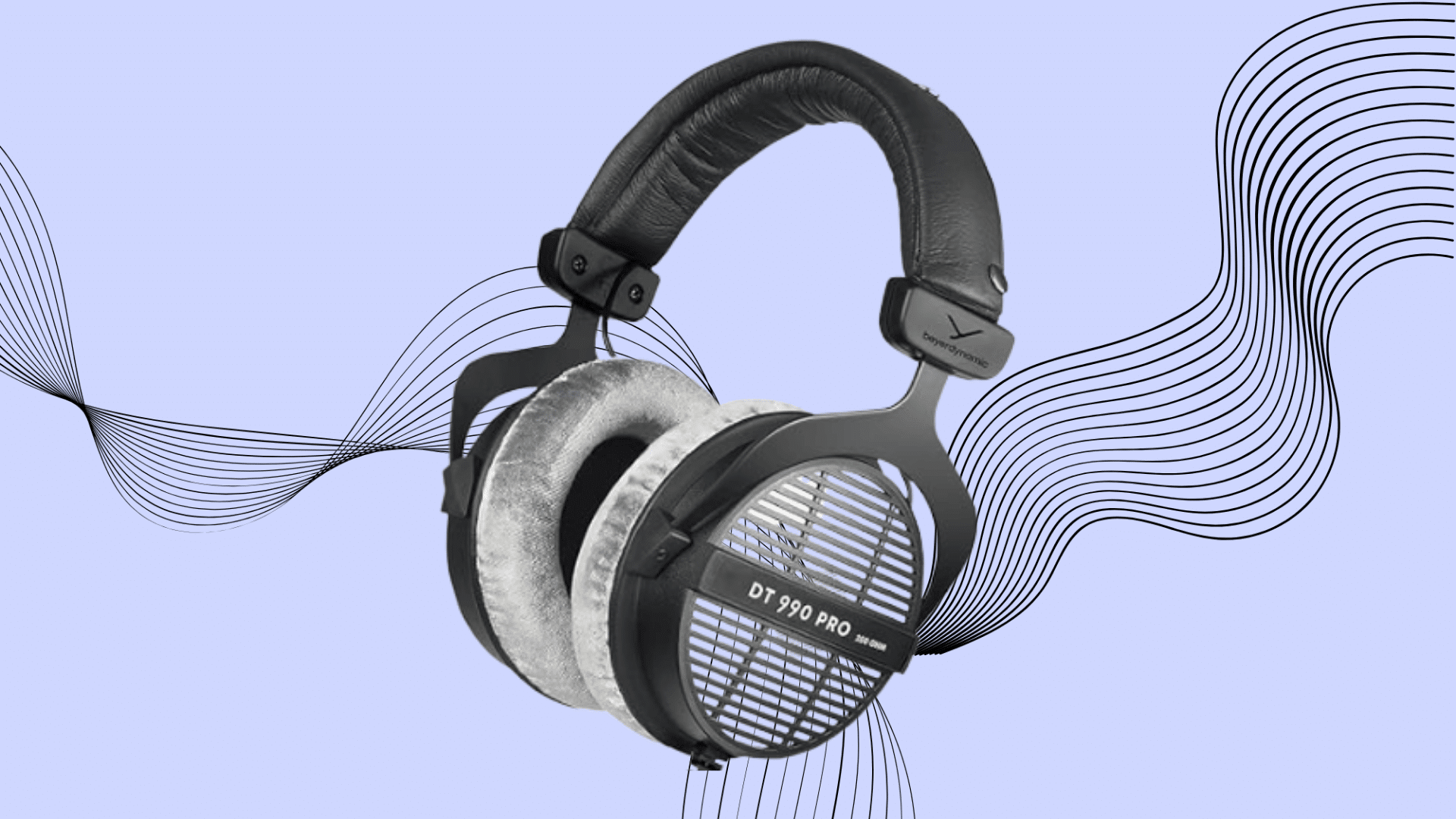 Beyerdynamic DT 990 Pro Black studio headphones with velour pads and metal yoke. Bright treble for rock and pro monitoring.