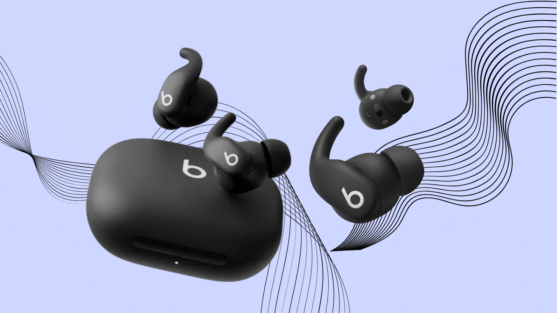 Black Beats Fit Pro earbuds floating around charging case on light lavender background with abstract soundwave lines