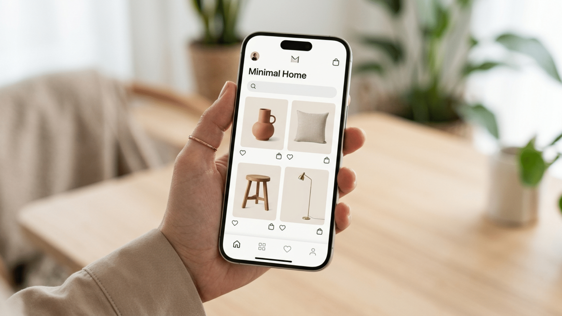 Clean ecommerce app interface on smartphone with minimal design and product visuals on a soft background