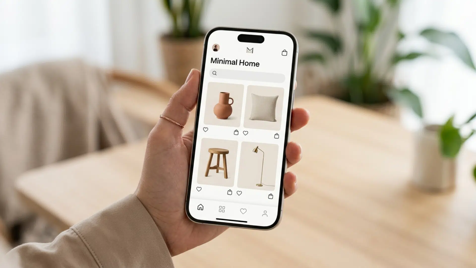 Clean ecommerce app interface on smartphone with minimal design and product visuals on a soft background