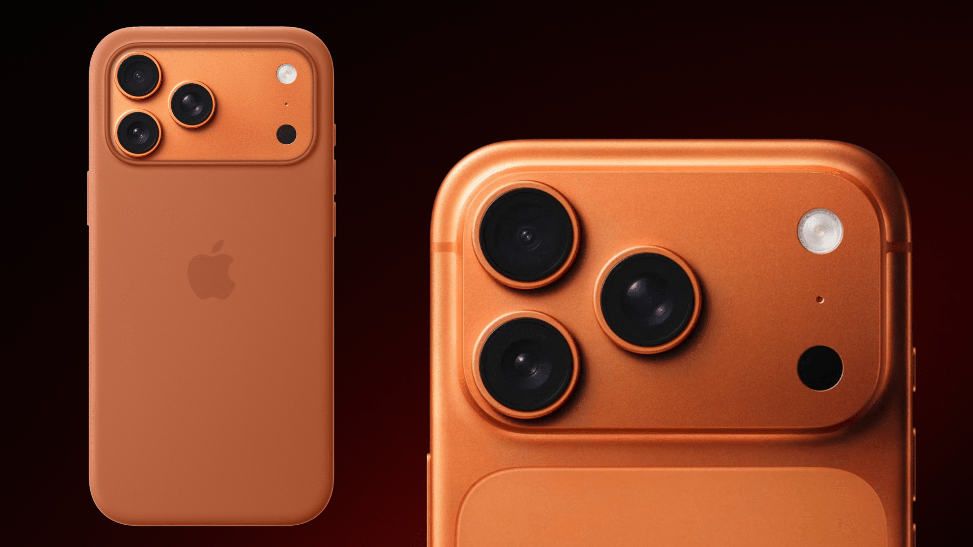 Close-up of an orange iPhone showing a triple camera array and Apple logo on the back