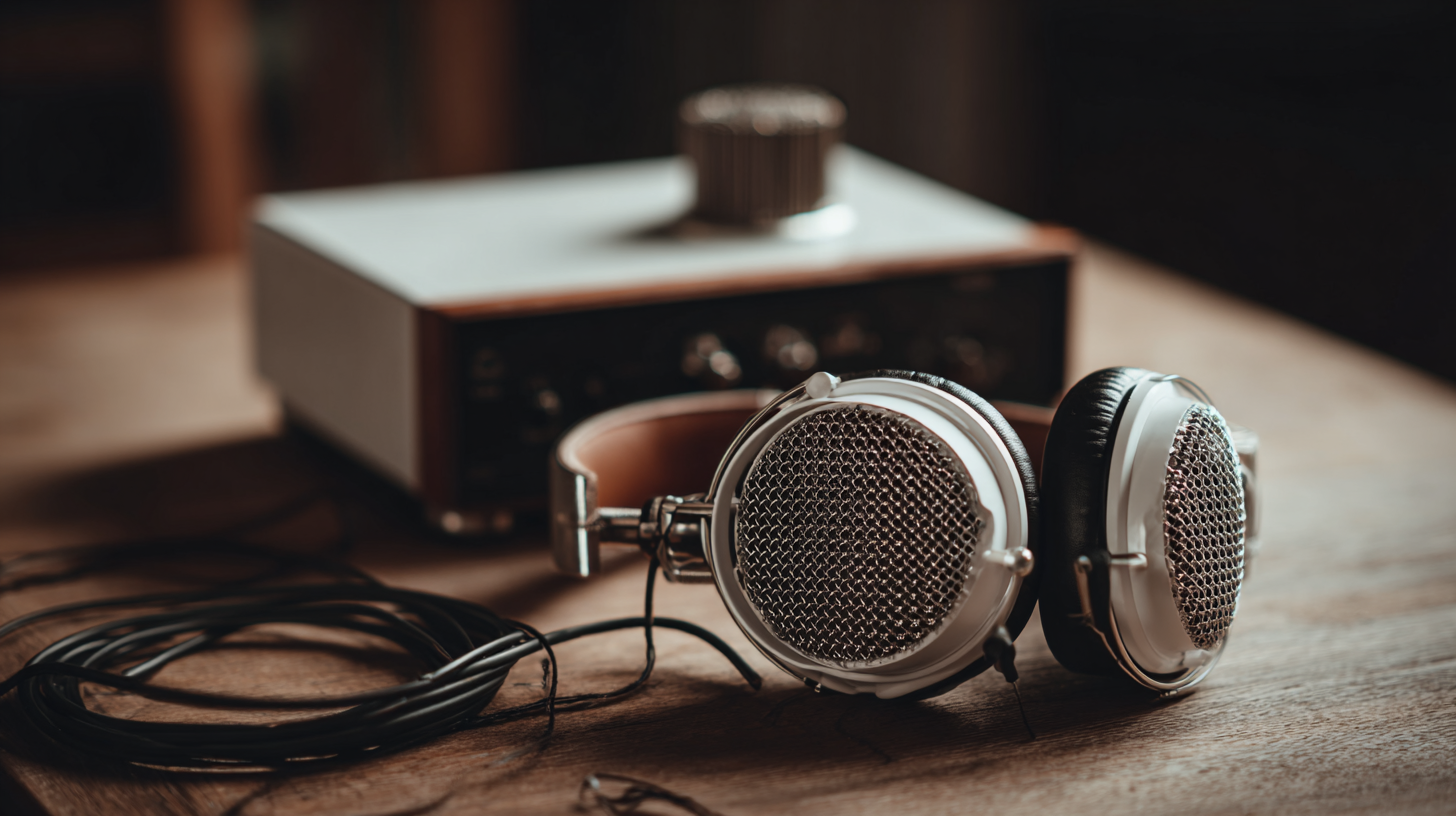Close-up of open-back headphones on a wooden desk with an amplifier and audio cable in natural light.