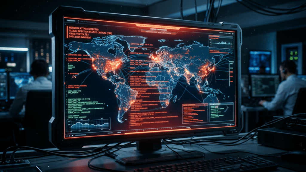 Digital illustration of a computer virus spreading across global networks with glowing code lines
