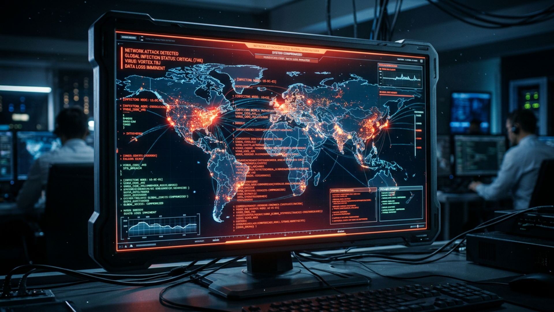 Digital illustration of a computer virus spreading across global networks with glowing code lines