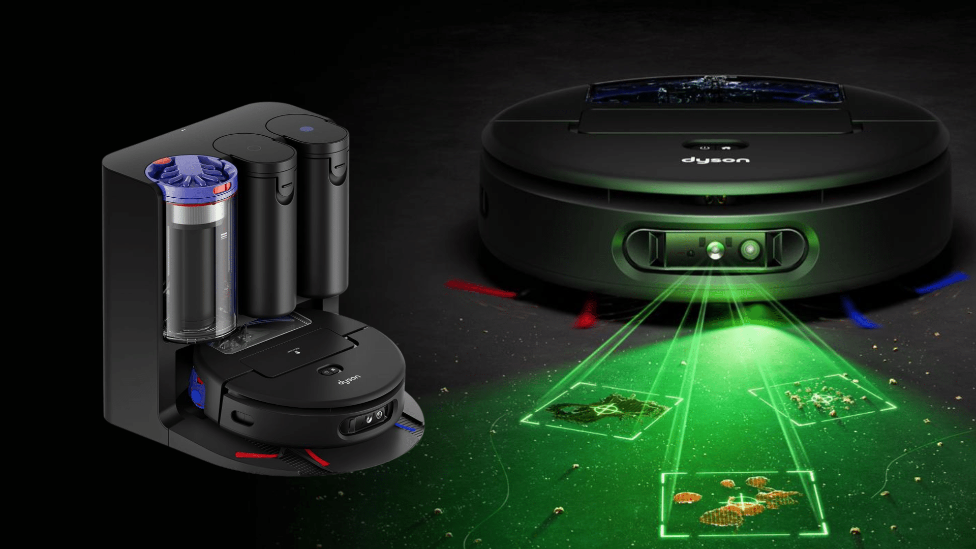 Dyson robot vacuum on black background showing futuristic design and compact cleaning unit