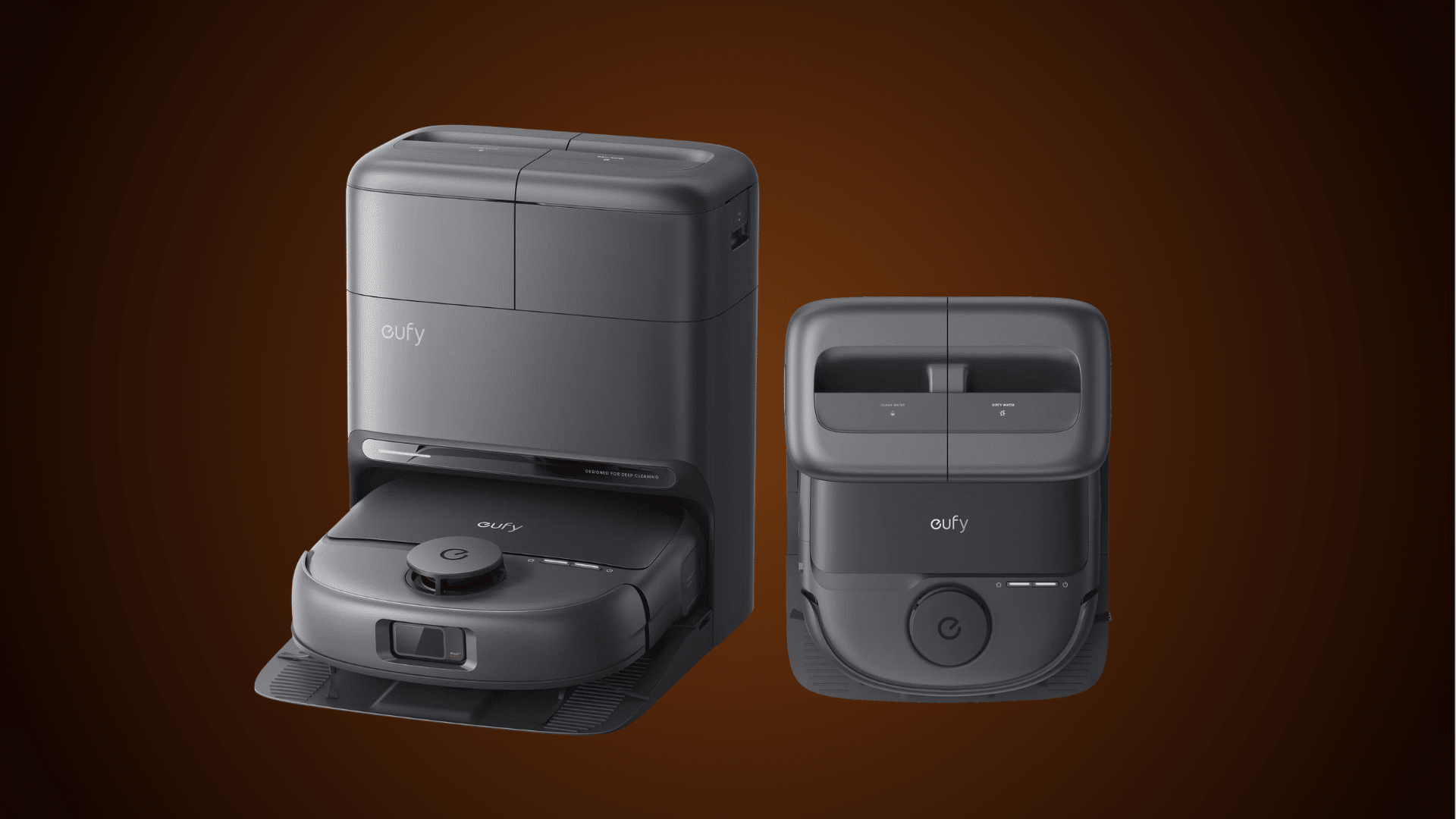 Eufy Omni C28 robot vacuum on brown background with simple clean product-focused display