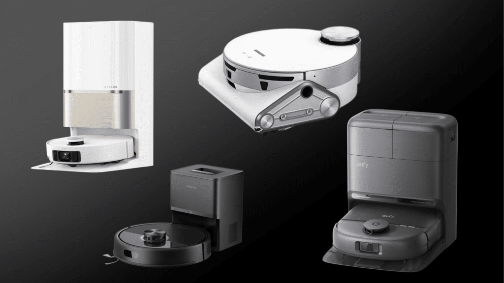 Four robot vacuums arranged on a grey background, clean layout, soft lighting, minimal, high-detail product showcase