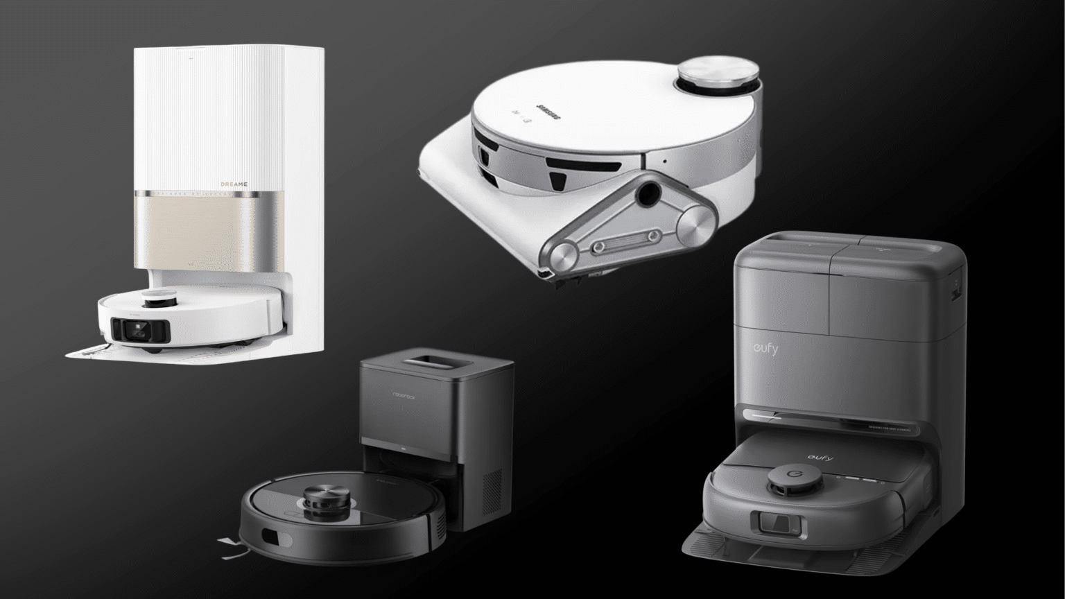 Four robot vacuums arranged on a grey background, clean layout, soft lighting, minimal, high-detail product showcase