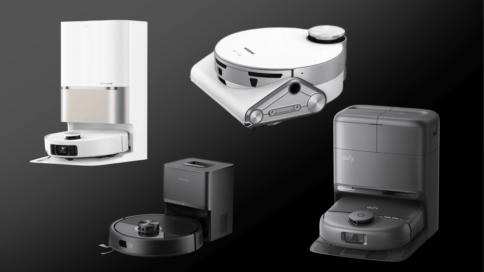 Four robot vacuums arranged on a grey background, clean layout, soft lighting, minimal, high-detail product showcase
