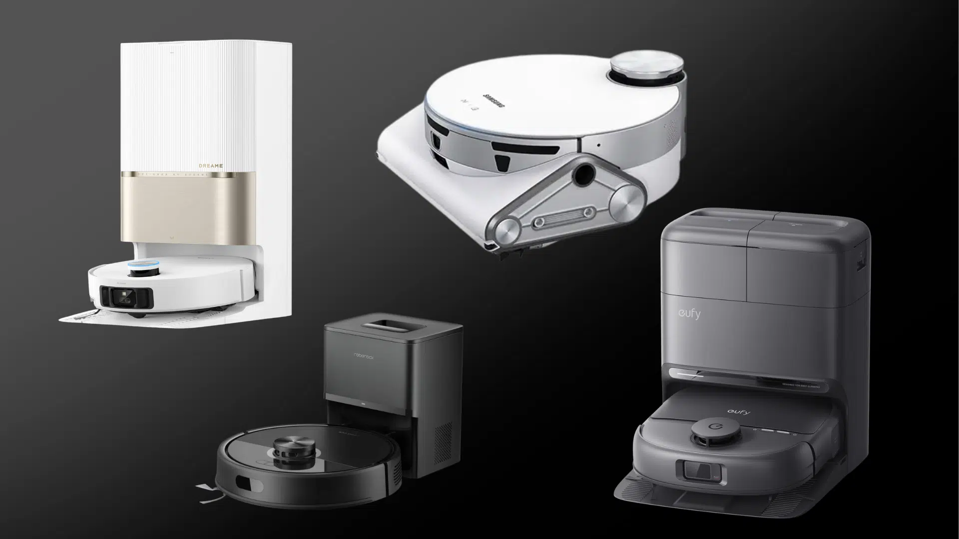Four robot vacuums arranged on a grey background, clean layout, soft lighting, minimal, high-detail product showcase